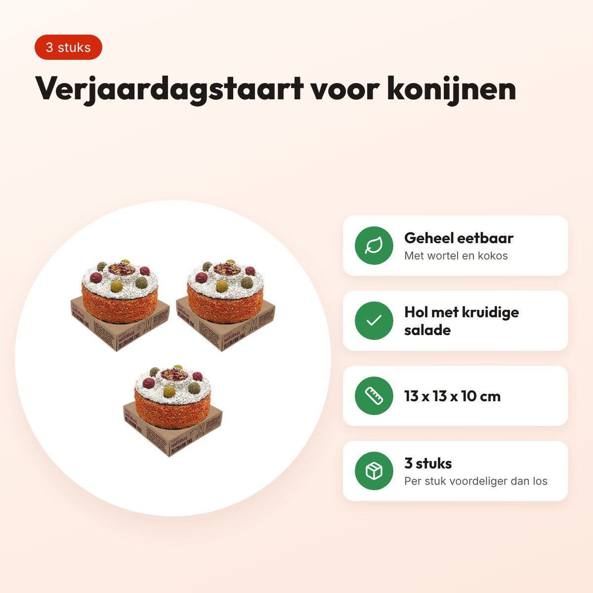 Rosewood verjaardagstaart konijn 13 x 13 x 10 cm – multipack 3 stuks – voordelen