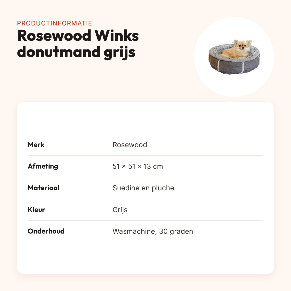 Rosewood Winks hondenmand pluche donut grijs 51 cm – wasbaar – productinformatie