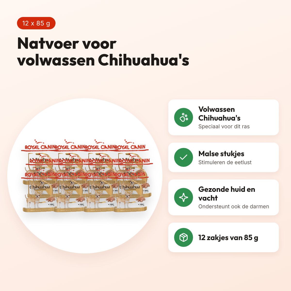Royal Canin Chihuahua natvoer 12 x 85 g – malse stukjes, volwassen – voordelen