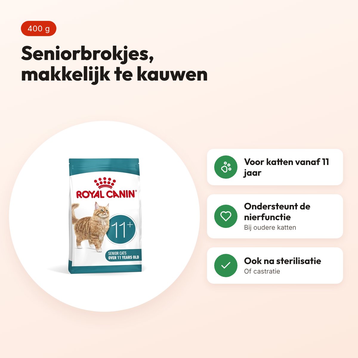 Royal Canin kattenvoer Ageing +11 400 g – senior, makkelijk te kauwen – voordelen
