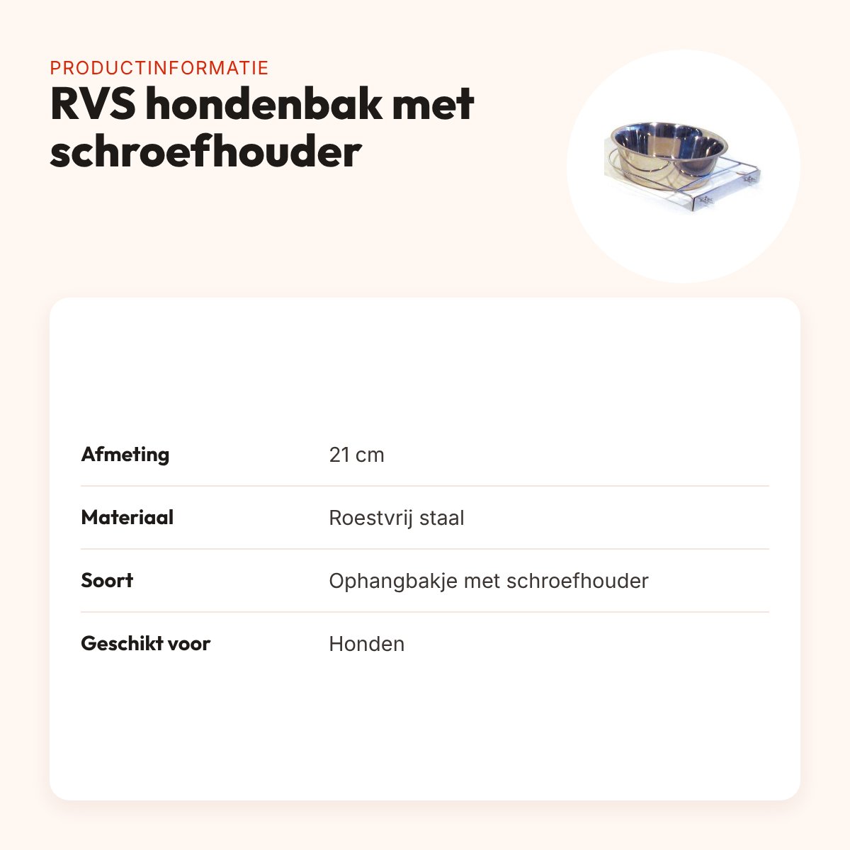 RVS hondenbak met schroefhouder 21 cm – voor in de kennel – productinformatie