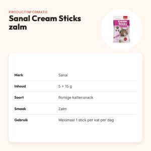 Sanal Cream Sticks kat zalm 5 x 15 g – romige kattensnack – productinformatie