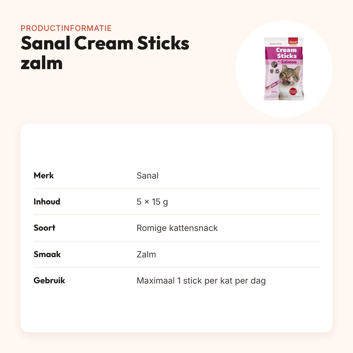 Sanal Cream Sticks kat zalm 5 x 15 g – romige kattensnack – productinformatie