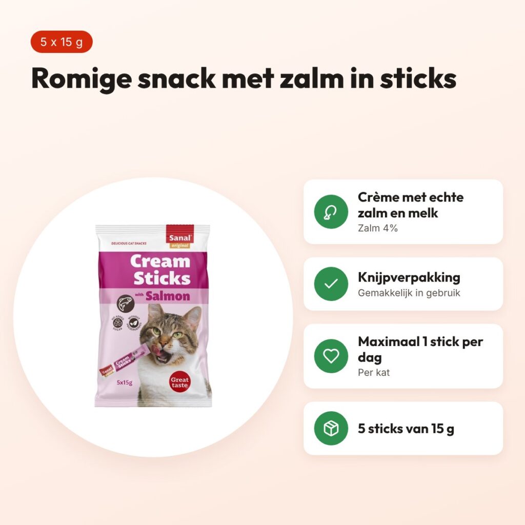 Sanal Cream Sticks kat zalm 5 x 15 g – romige kattensnack – voordelen