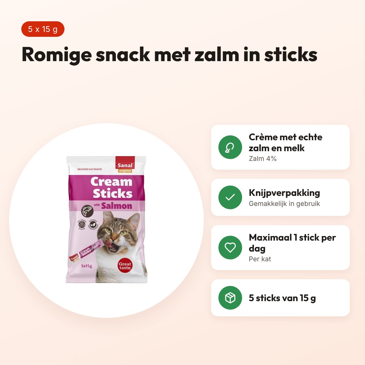 Sanal Cream Sticks kat zalm 5 x 15 g – romige kattensnack – voordelen