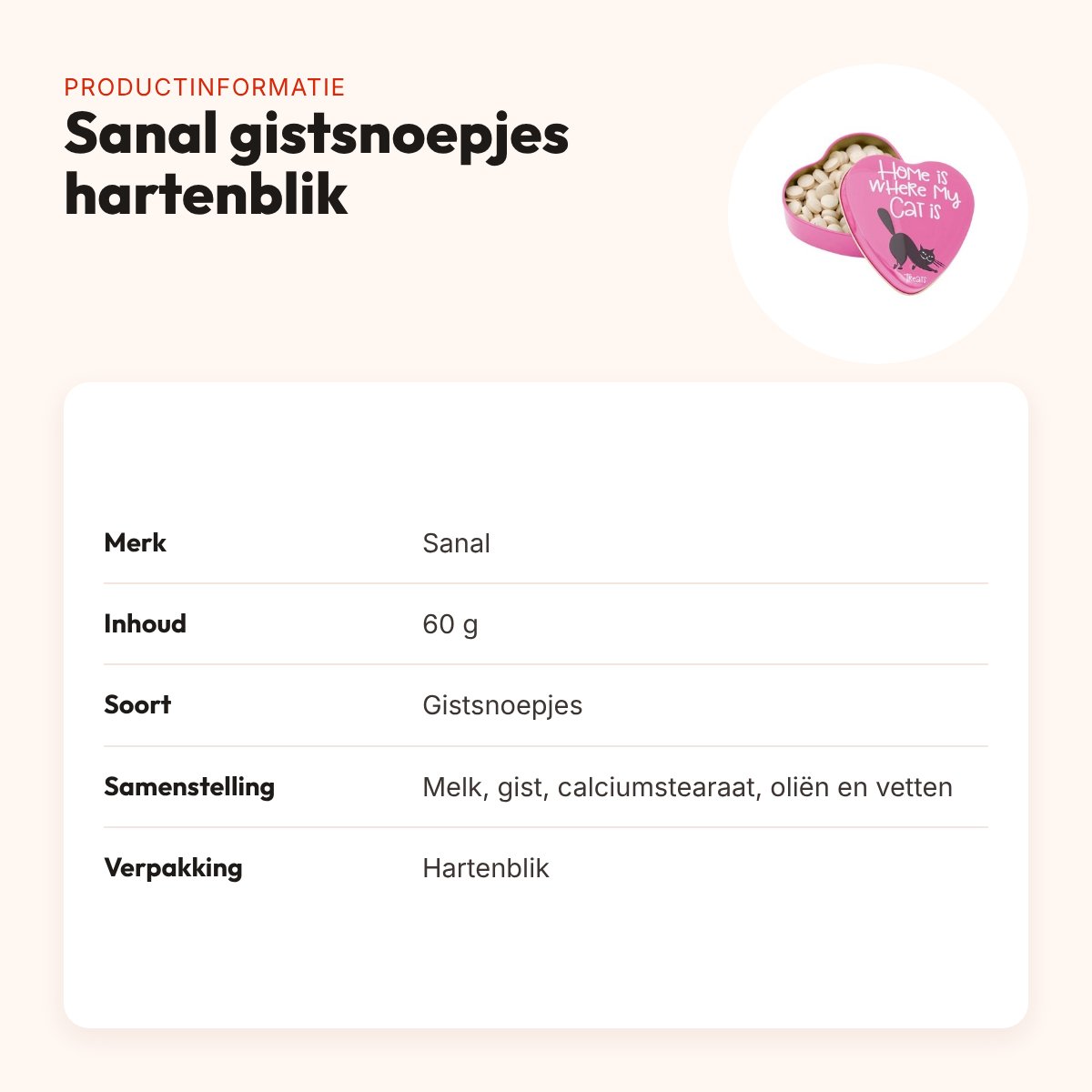 Sanal gistsnoepjes voor katten 60 g – in hartenblik – productinformatie