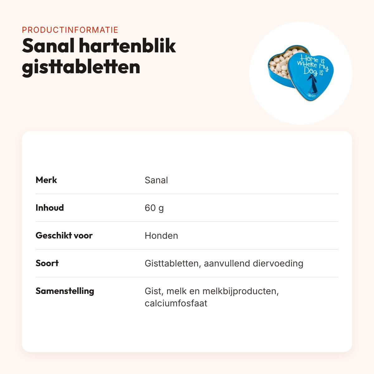Sanal hondensnoepjes gisttabletten 60 g – in hartenblik – productinformatie