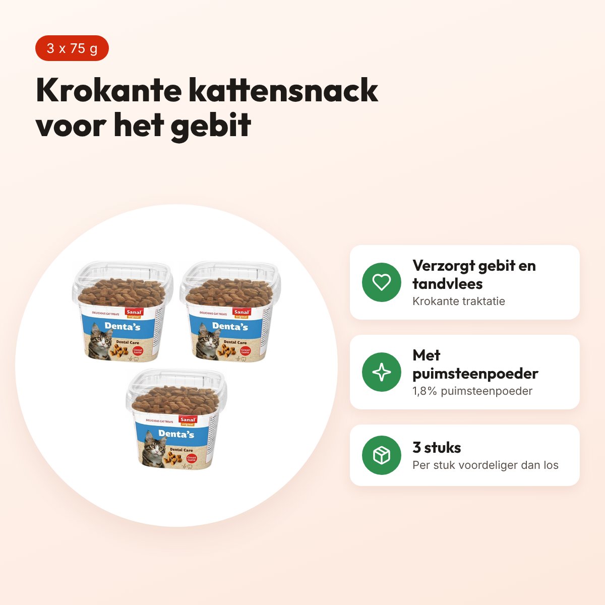 Sanal kattensnack Denta's Cup 75 g – multipack 3 stuks – voordelen