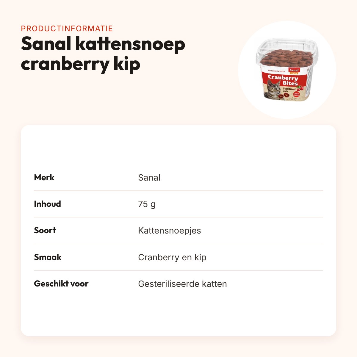 Sanal kattensnoep cranberry en kip 75 g – voor gesteriliseerde katten – productinformatie