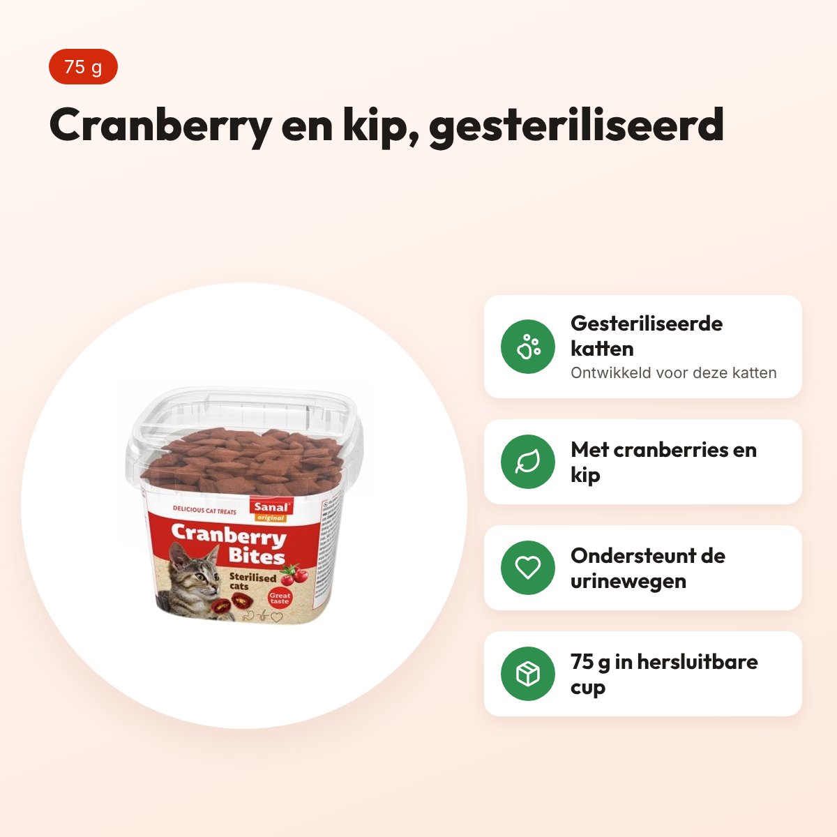 Sanal kattensnoep cranberry en kip 75 g – voor gesteriliseerde katten – voordelen
