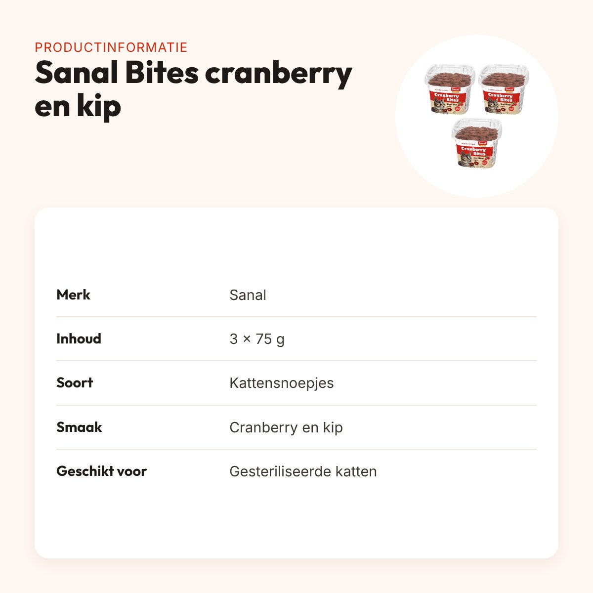 Sanal kattensnoepjes Bites cranberry en kip 75 g – multipack 3 stuks – productinformatie