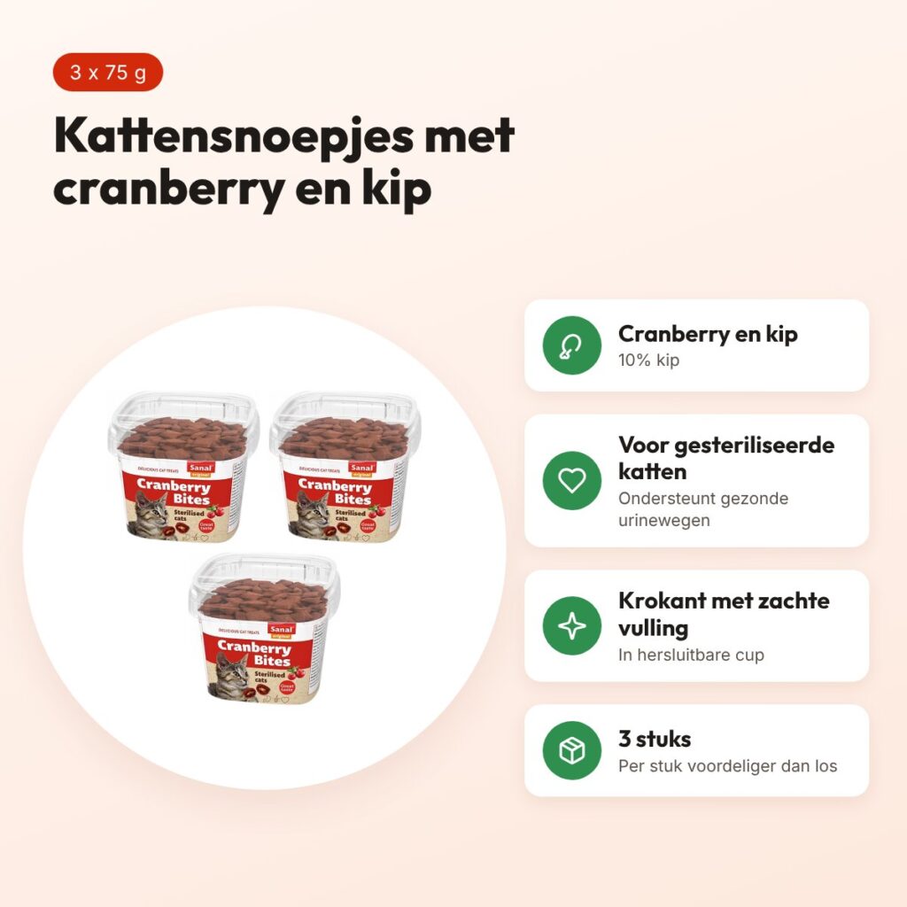 Sanal kattensnoepjes Bites cranberry en kip 75 g – multipack 3 stuks – voordelen