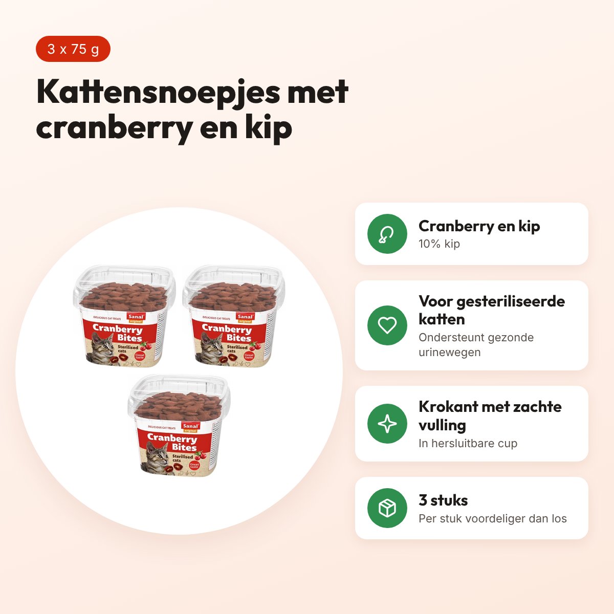 Sanal kattensnoepjes Bites cranberry en kip 75 g – multipack 3 stuks – voordelen