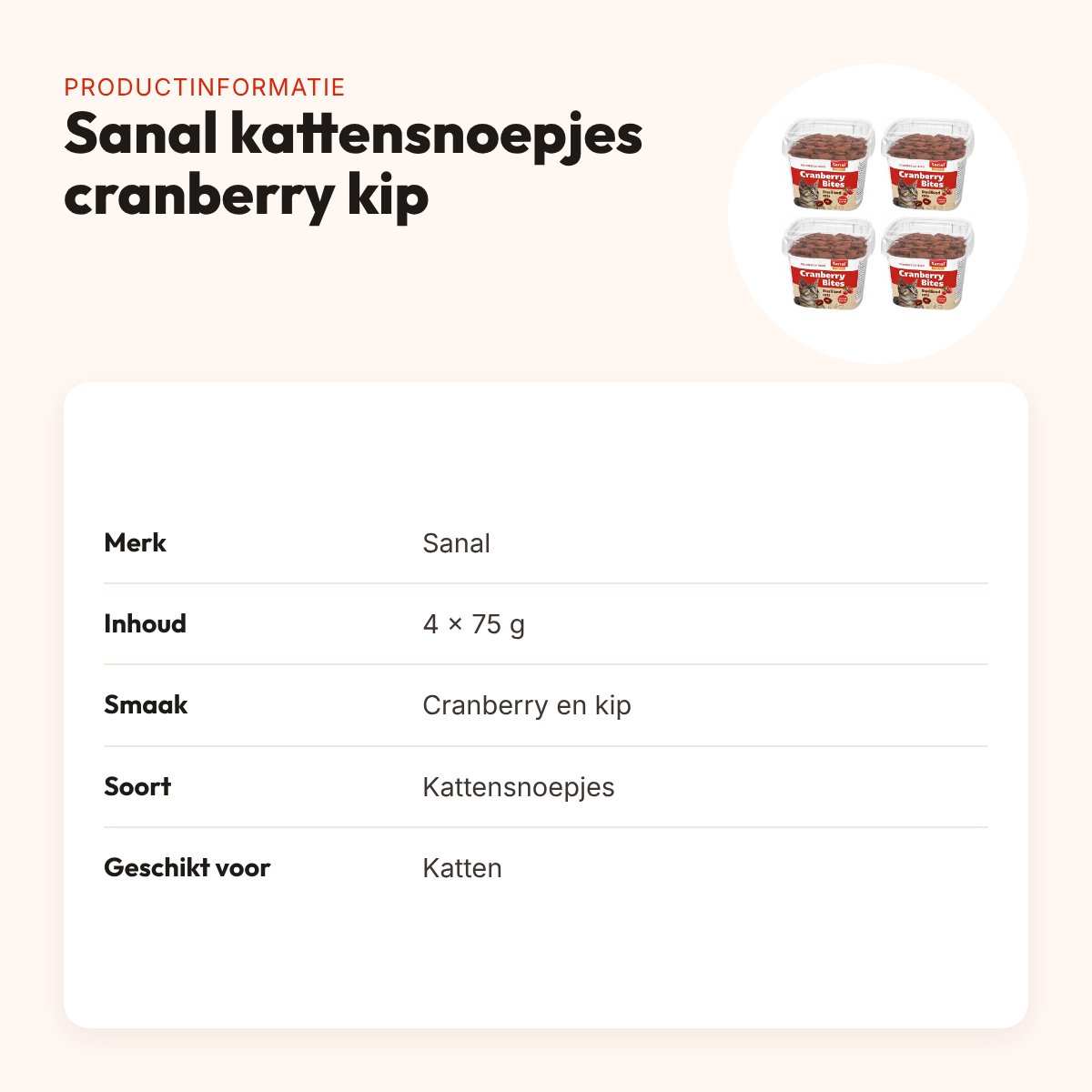 Sanal kattensnoepjes cranberry en kip 75 g – multipack 4 stuks – productinformatie