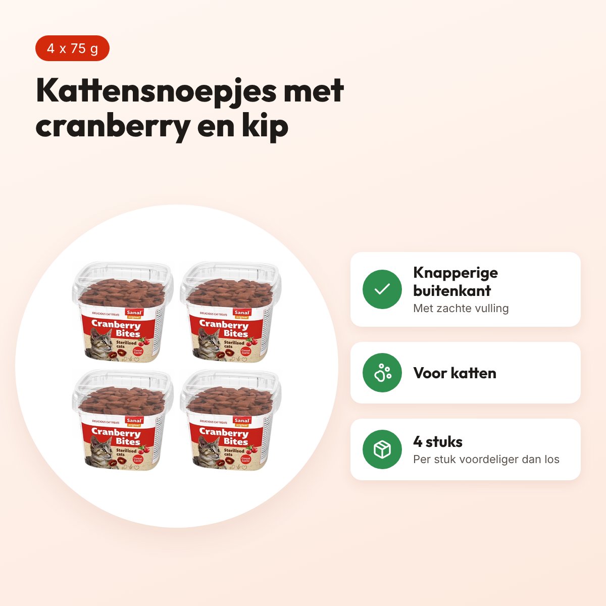 Sanal kattensnoepjes cranberry en kip 75 g – multipack 4 stuks – voordelen