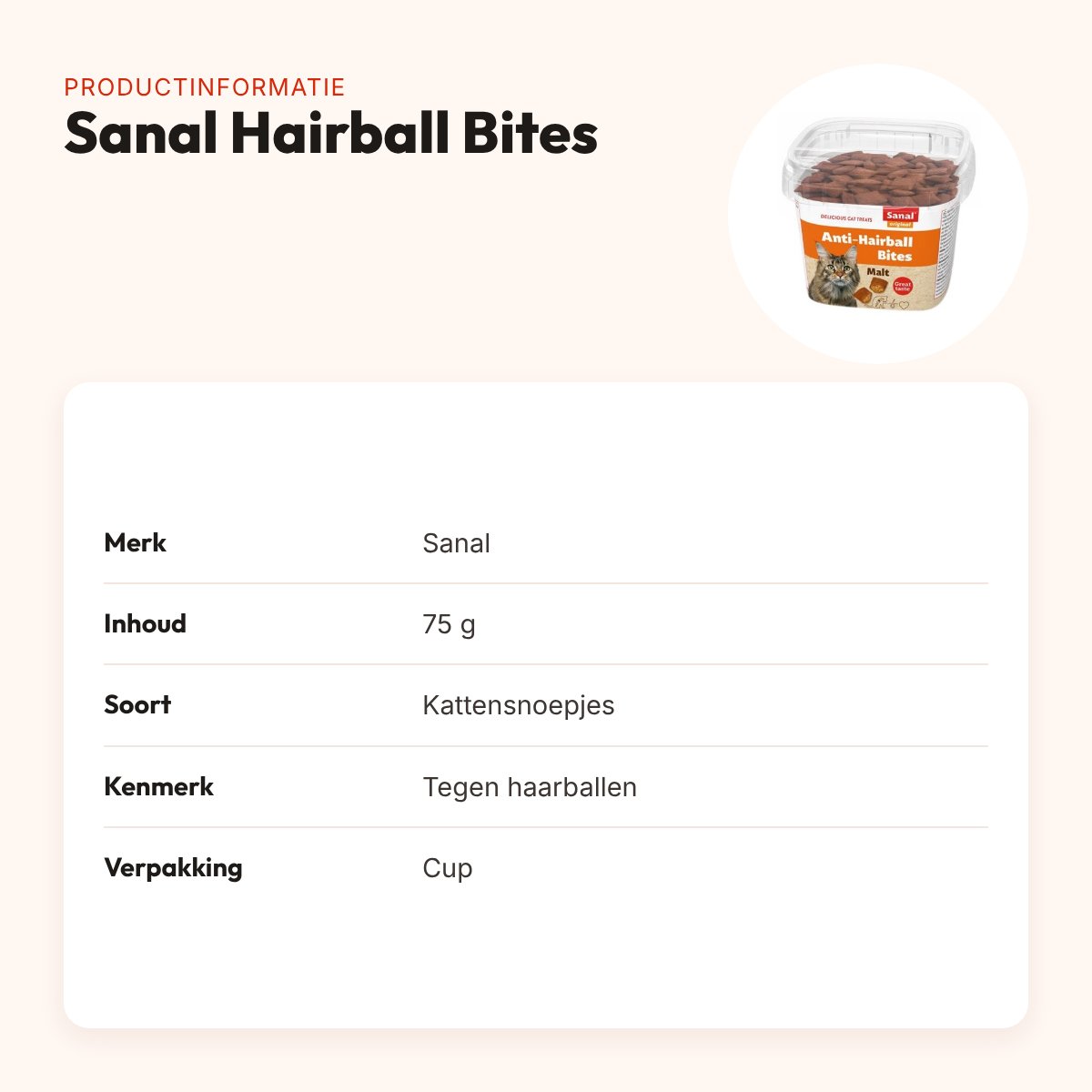 Sanal kattensnoepjes Hairball Bites 75 g – tegen haarballen – productinformatie