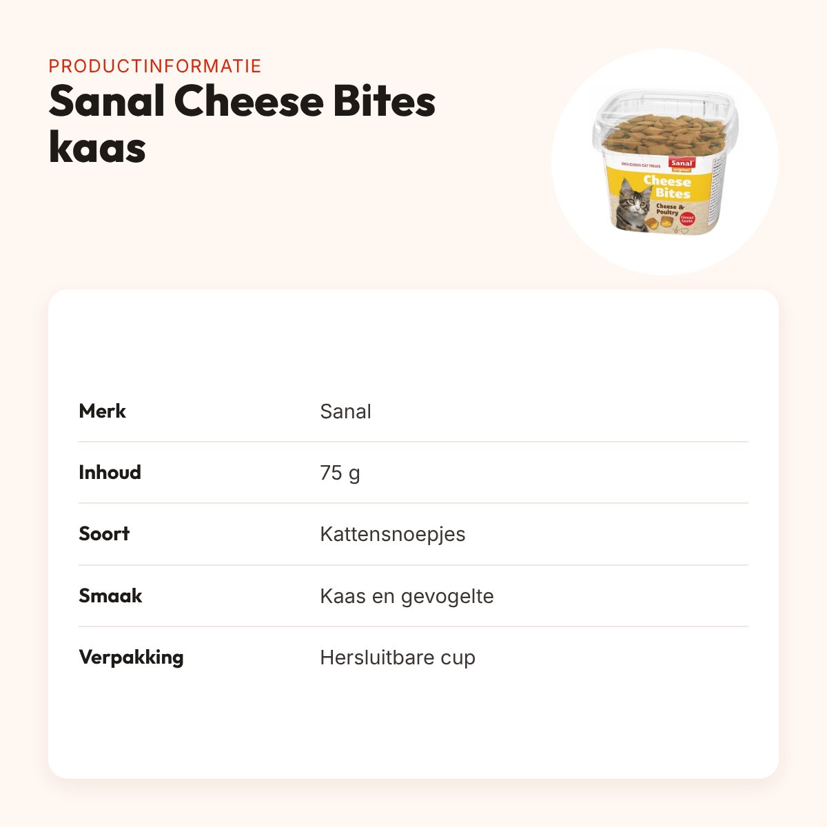 Sanal kattensnoepjes kaas 75 g – Cheese Bites in hersluitbare cup – productinformatie