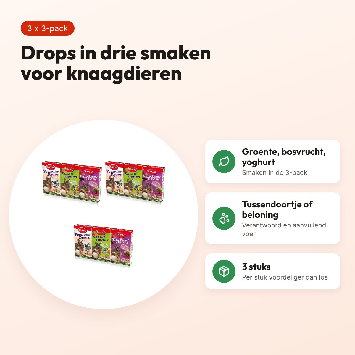 Sanal knaagdier drops groenten, bosvruchten, yoghurt – multipack 3 stuks – voordelen