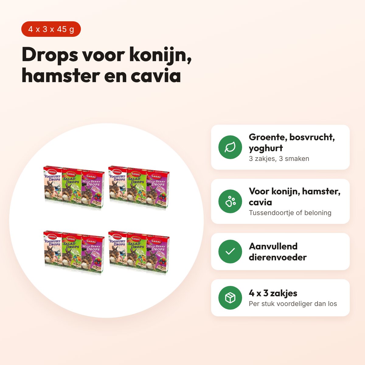 Sanal knaagdier drops groenten, bosvruchten, yoghurt – multipack 4 stuks – voordelen