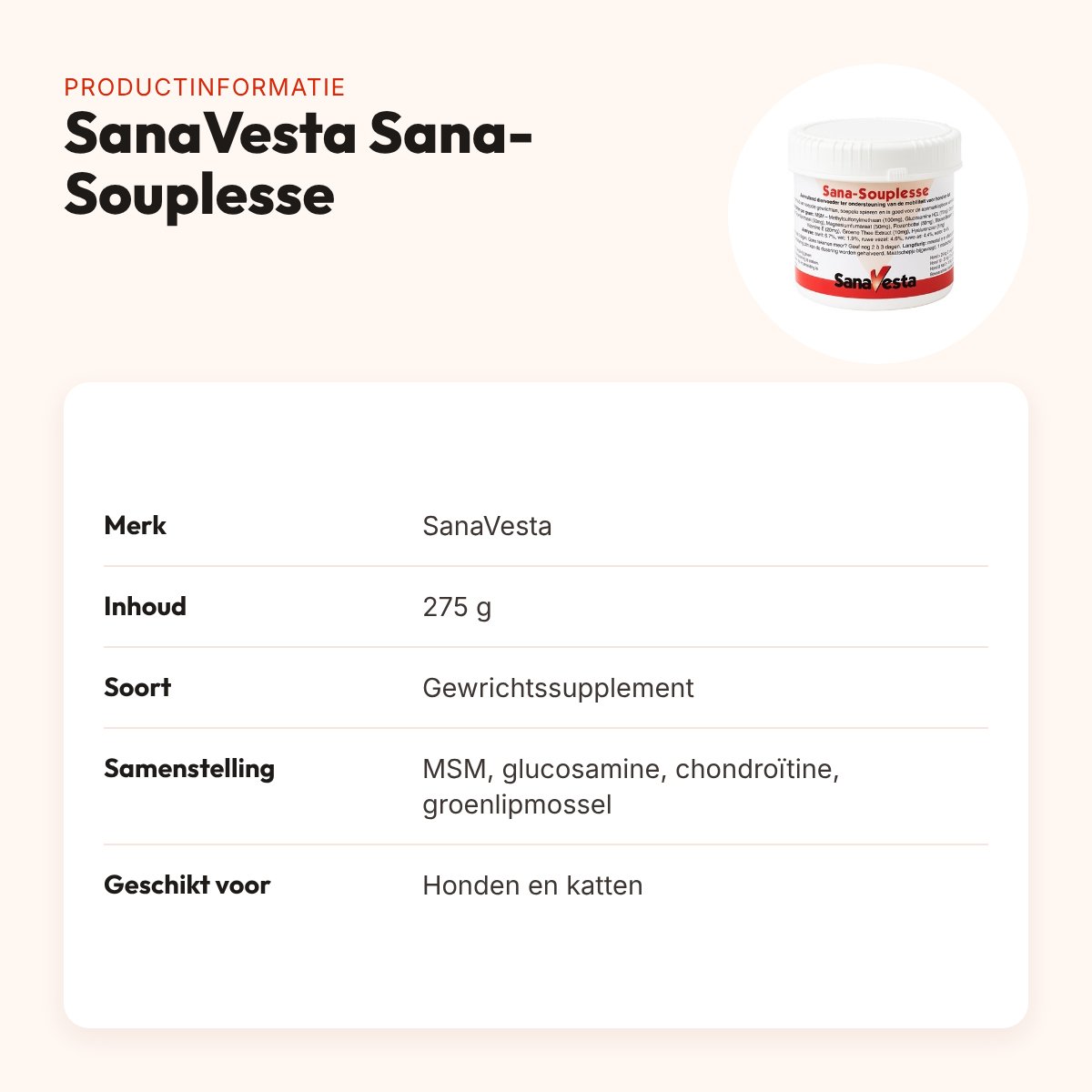 SanaVesta Sana-Souplesse 275 g – gewrichtssupplement hond en kat – productinformatie