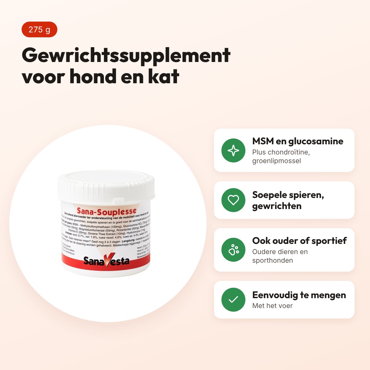 SanaVesta Sana-Souplesse 275 g – gewrichtssupplement hond en kat – voordelen