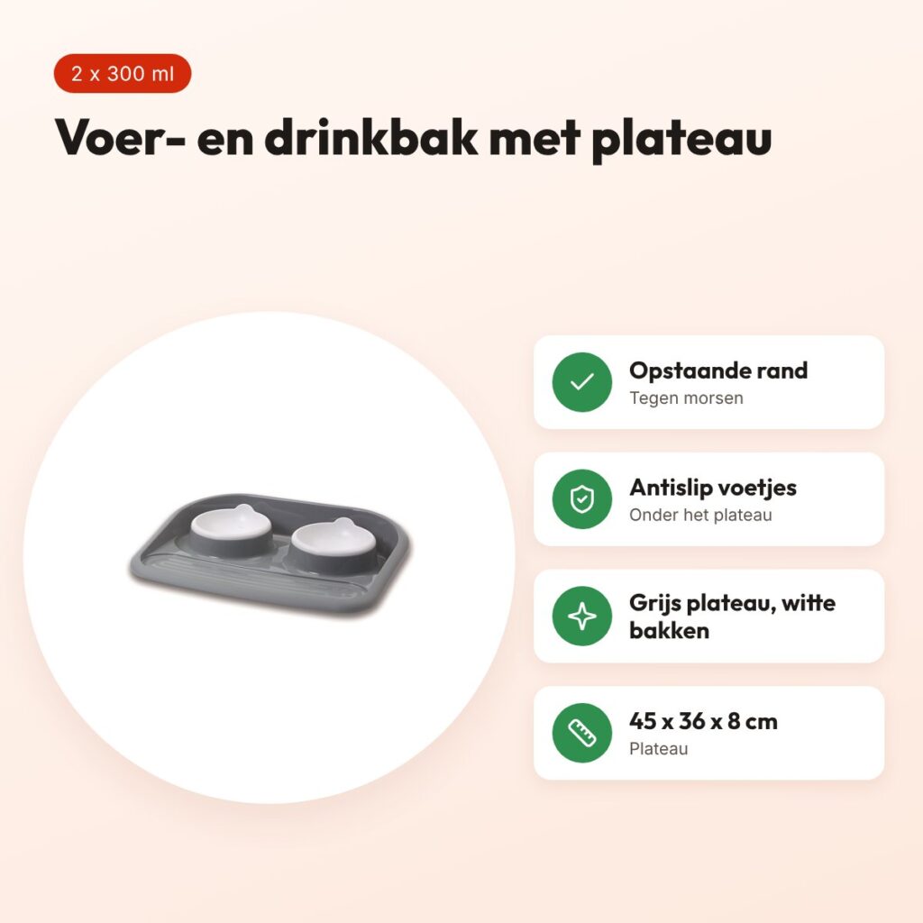 Savic Butler voer- en drinkbak met plateau grijs 2 x 300 ml – antislip – voordelen