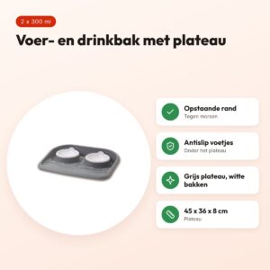 Savic Butler voer- en drinkbak met plateau grijs 2 x 300 ml – antislip – voordelen