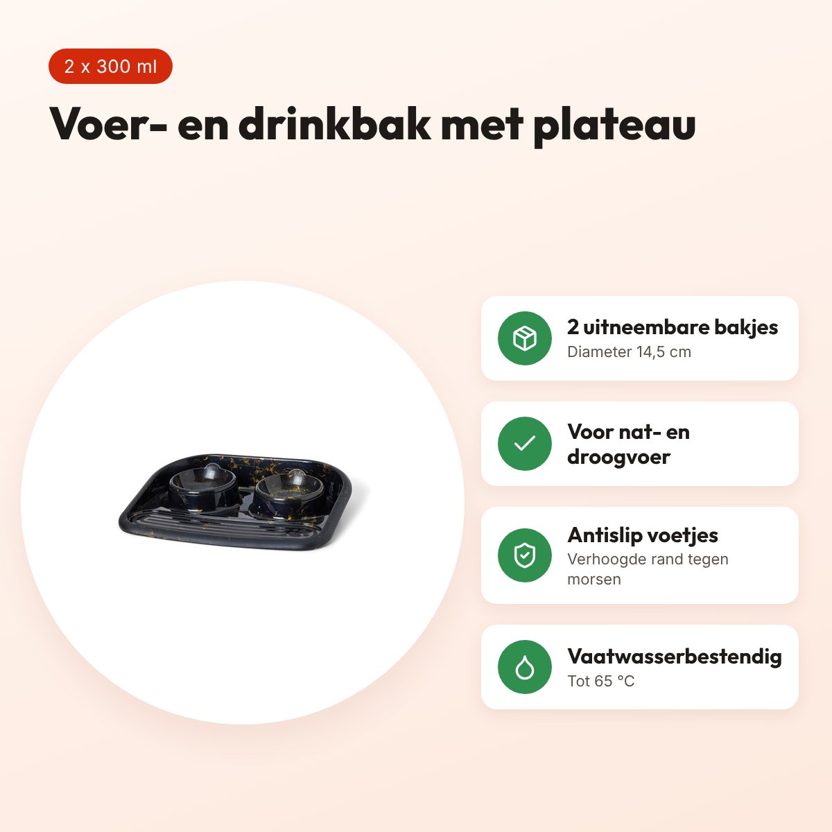Savic Butler voerbak en drinkbak met plateau Marble 2 x 300 ml – voordelen