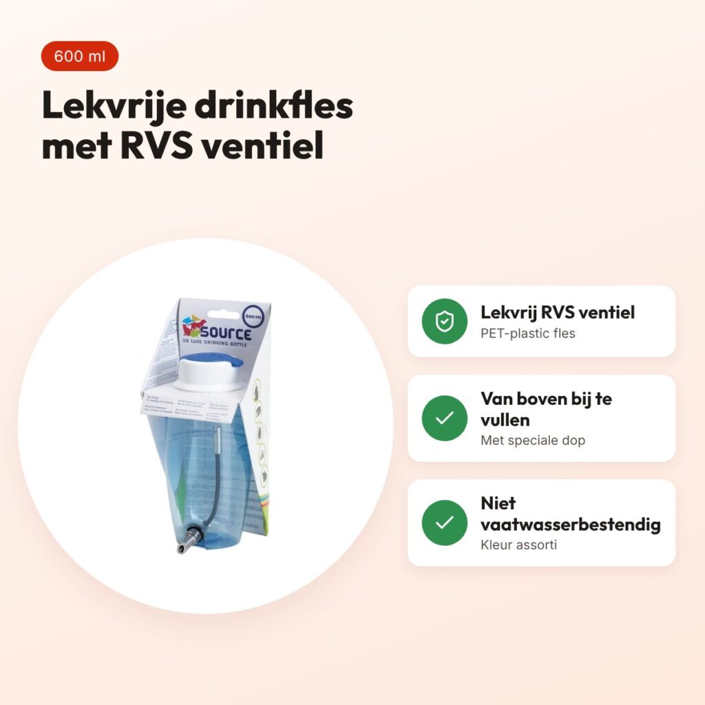 Savic drinkfles Source 600 ml – knaagdieren, lekvrij RVS ventiel, assorti – voordelen