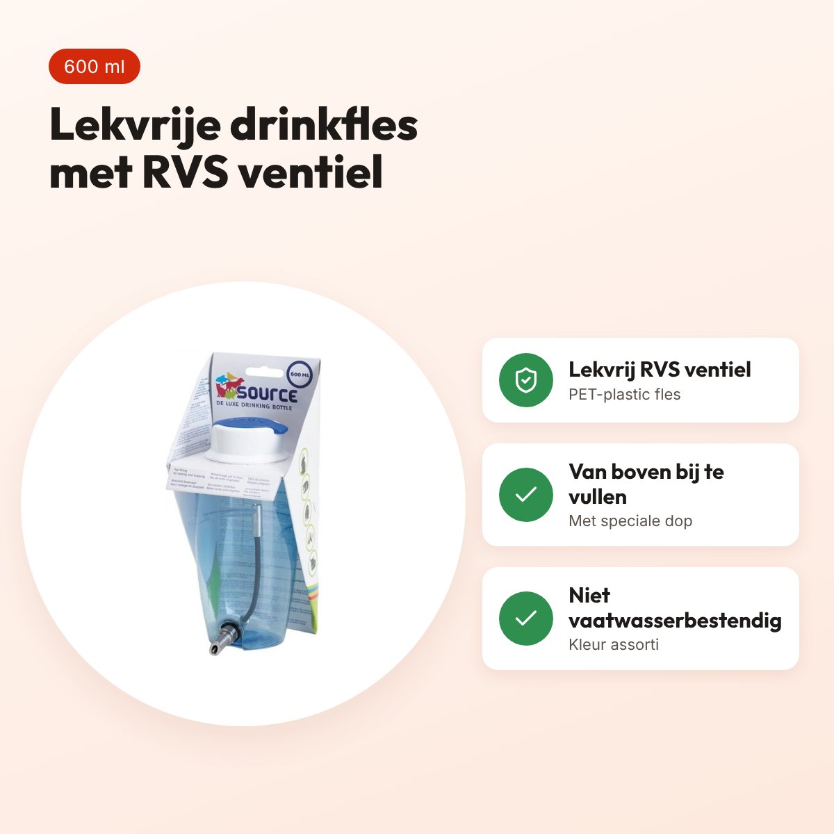 Savic drinkfles Source 600 ml – knaagdieren, lekvrij RVS ventiel, assorti – voordelen