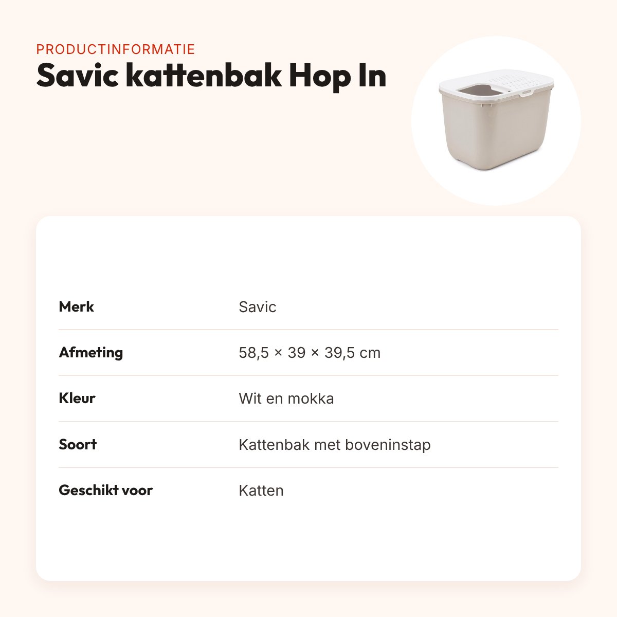 Savic kattenbak Hop In wit/mokka 58,5 x 39 x 39,5 cm – boveninstap – productinformatie