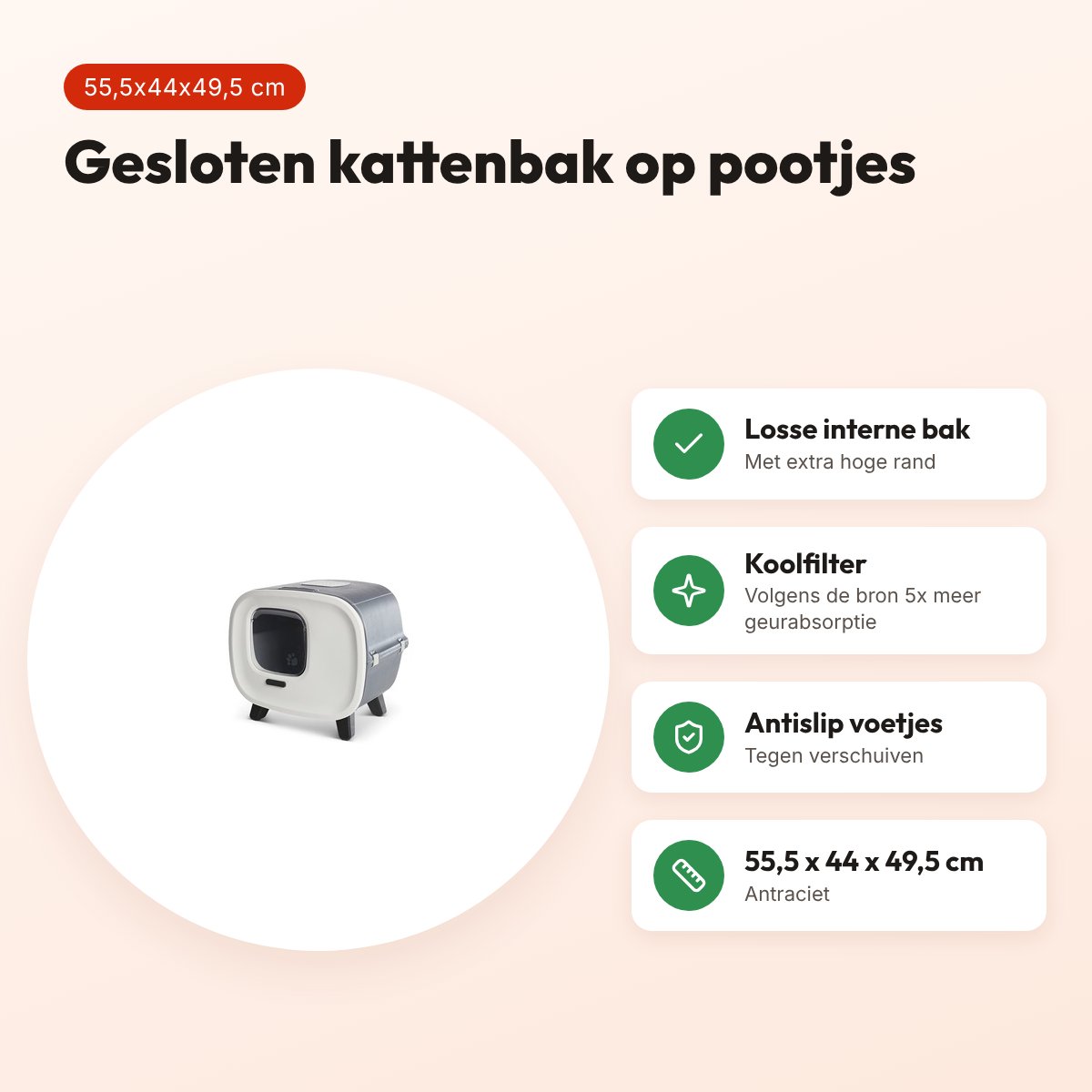 Savic kattenbak Mira Deluxe antraciet 55,5 x 44 x 49,5 cm – op pootjes – voordelen