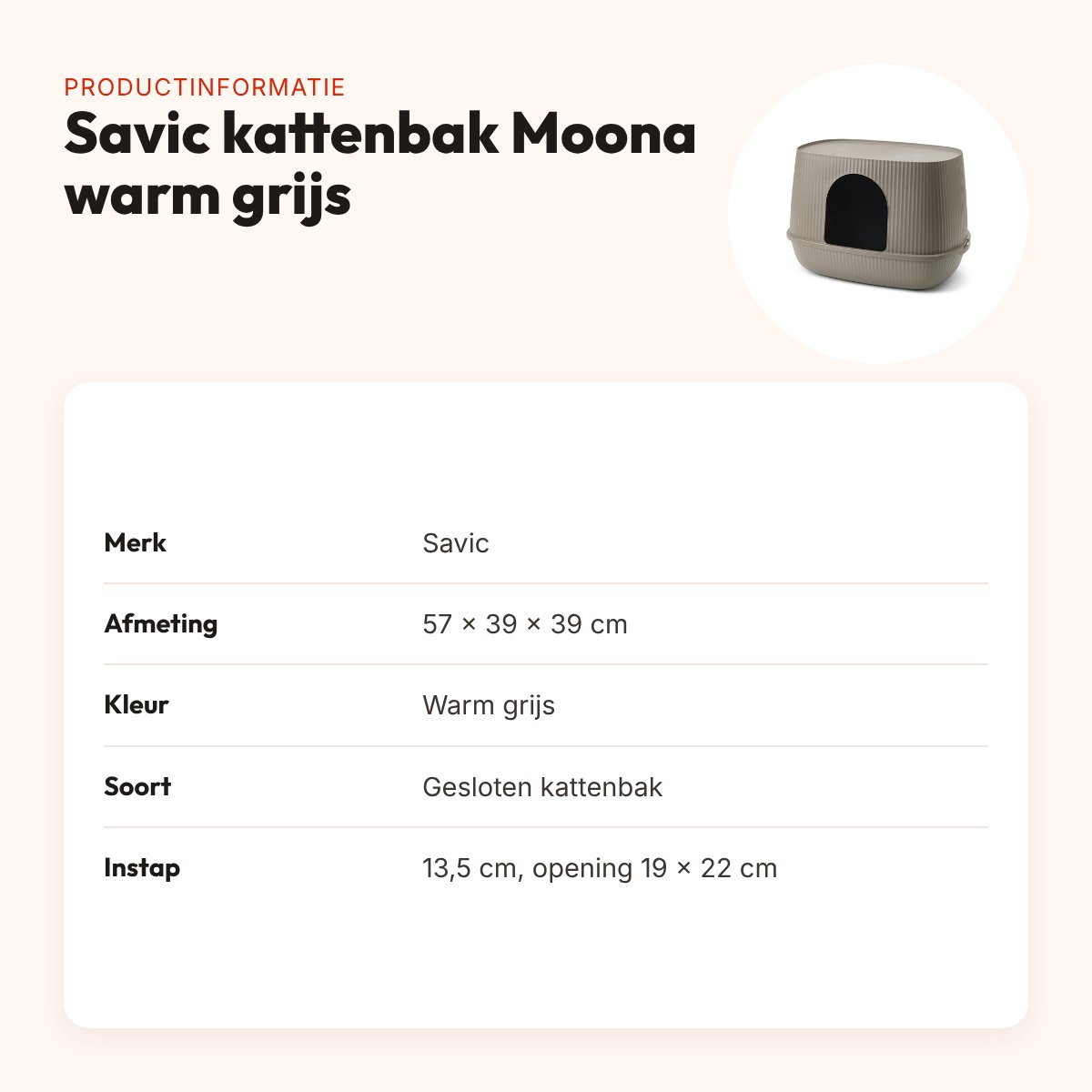 Savic kattenbak Moona warm grijs 57 x 39 x 39 cm – gesloten model – productinformatie