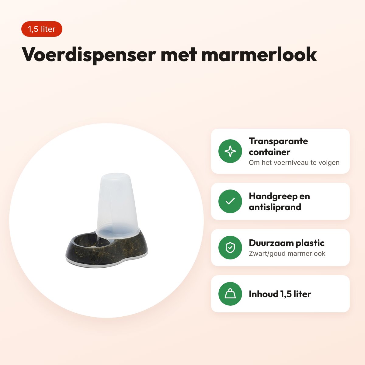 Savic voerdispenser Loop Marble 1,5 liter – zwart/goud – voordelen
