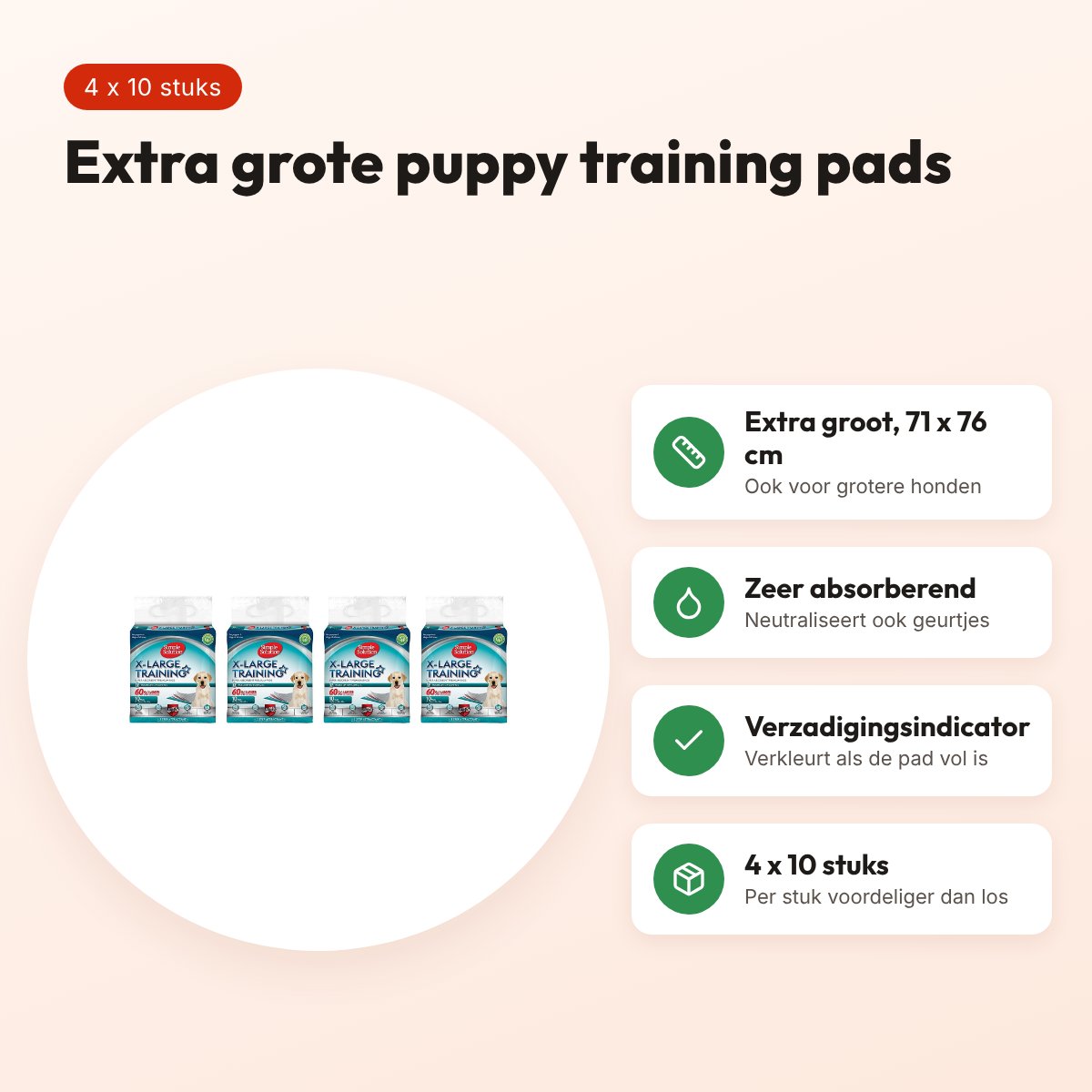 Simple Solution puppy training pads 71 x 76 cm – multipack 4 x 10 stuks – voordelen