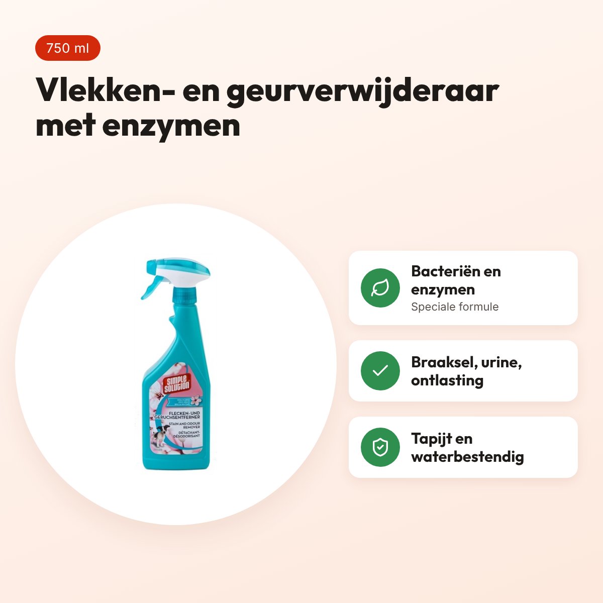 Simple Solution vlekken- en geurverwijderaar 750 ml – met enzymen – voordelen