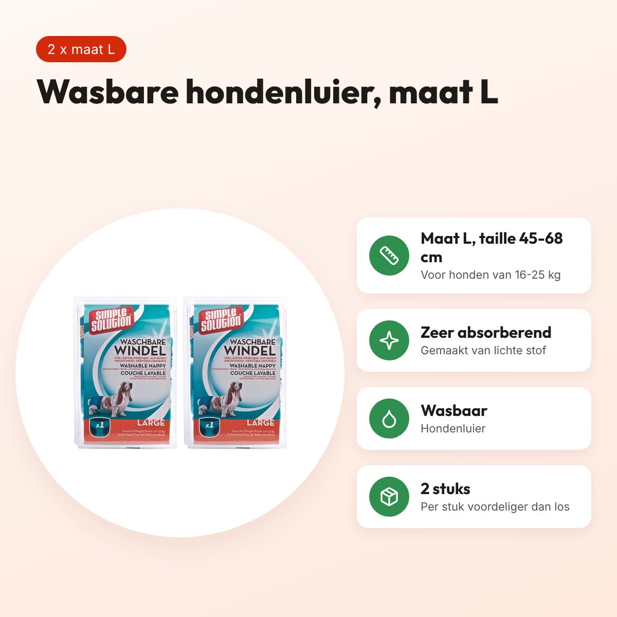Simple Solution wasbare hondenluier Large 45-68 cm – multipack 2 stuks – voordelen