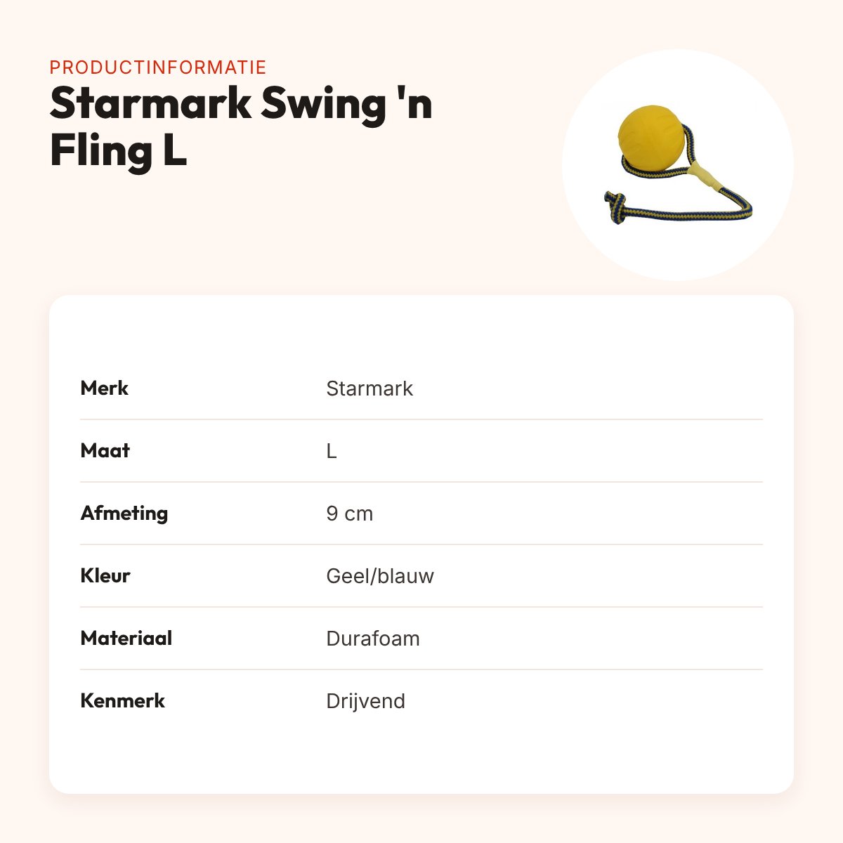 Starmark Swing 'n Fling Durafoam fetchbal aan touw L 9 cm – drijvend – productinformatie