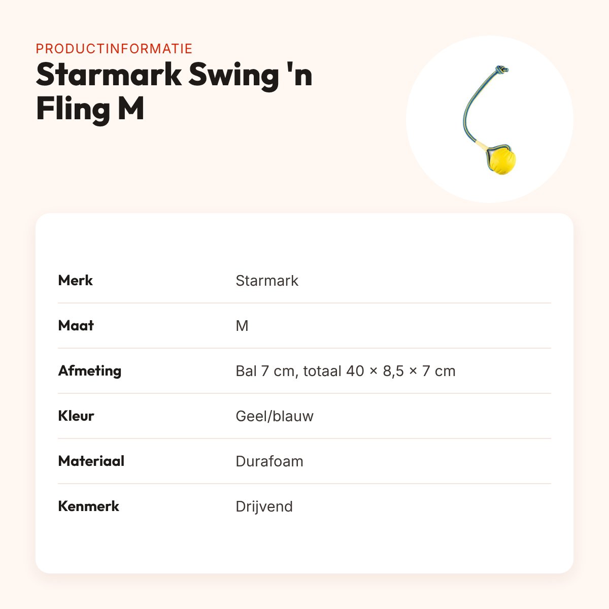 Starmark Swing 'n Fling Durafoam fetchbal aan touw M 7 cm – drijvend – productinformatie