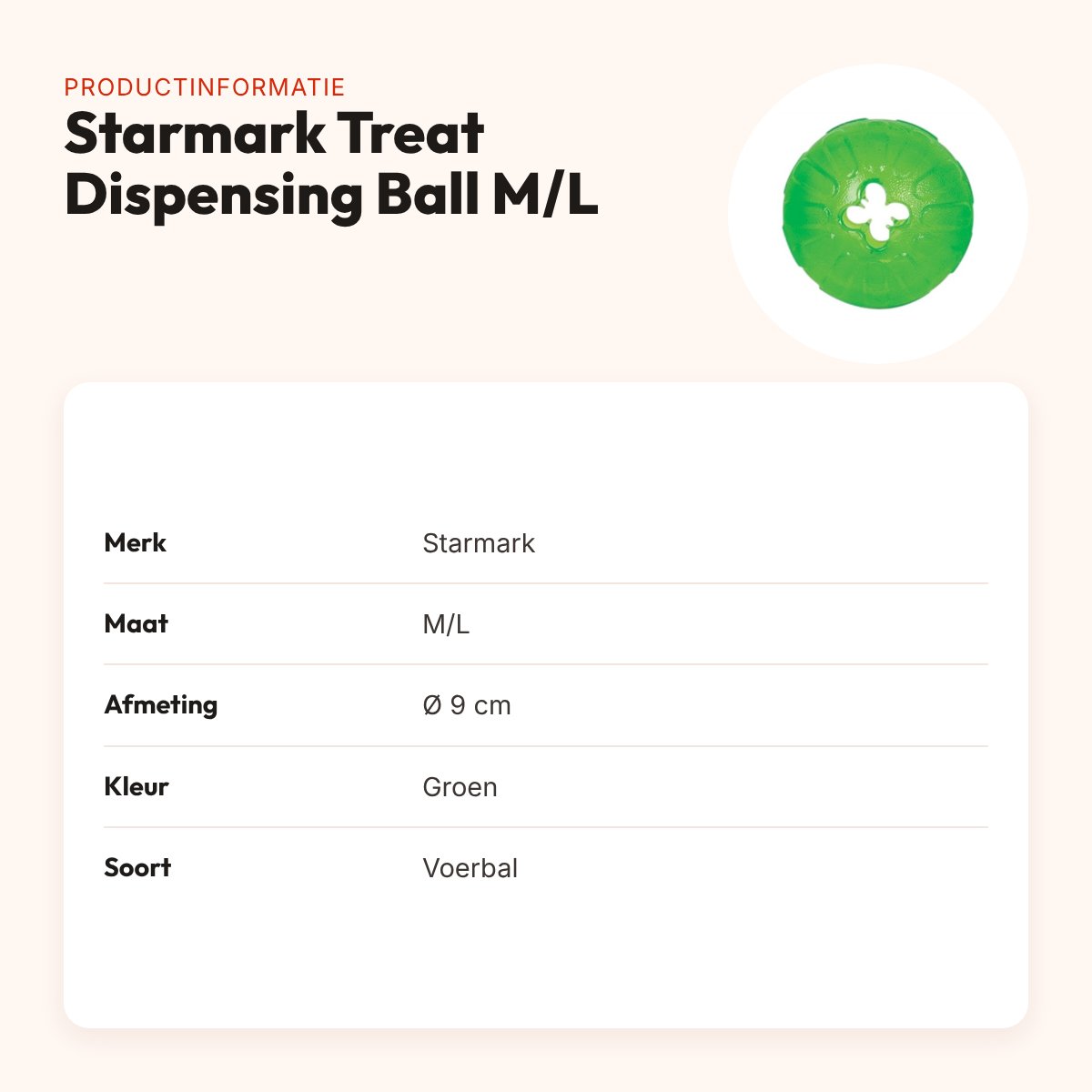 Starmark voerbal Treat Dispensing Chew Ball M/L 9 cm – groen – productinformatie