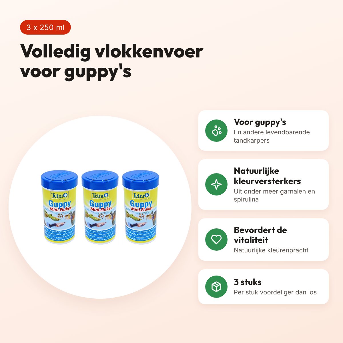 Tetra Guppy visvoer vlokken 250 ml – kleurversterker – multipack 3 stuks – voordelen