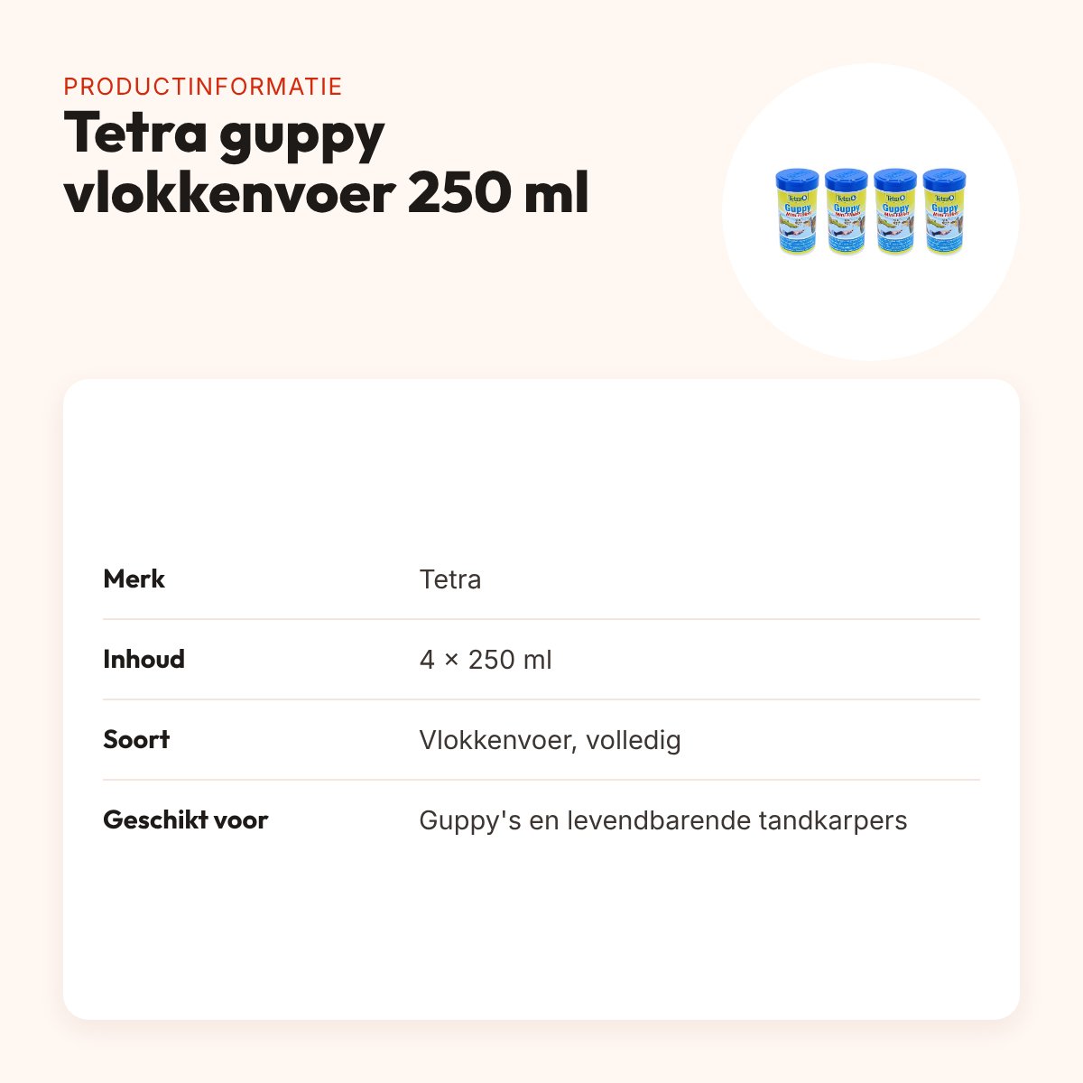 Tetra guppy visvoer vlokken 250 ml – kleurversterker, multipack 4 stuks – productinformatie