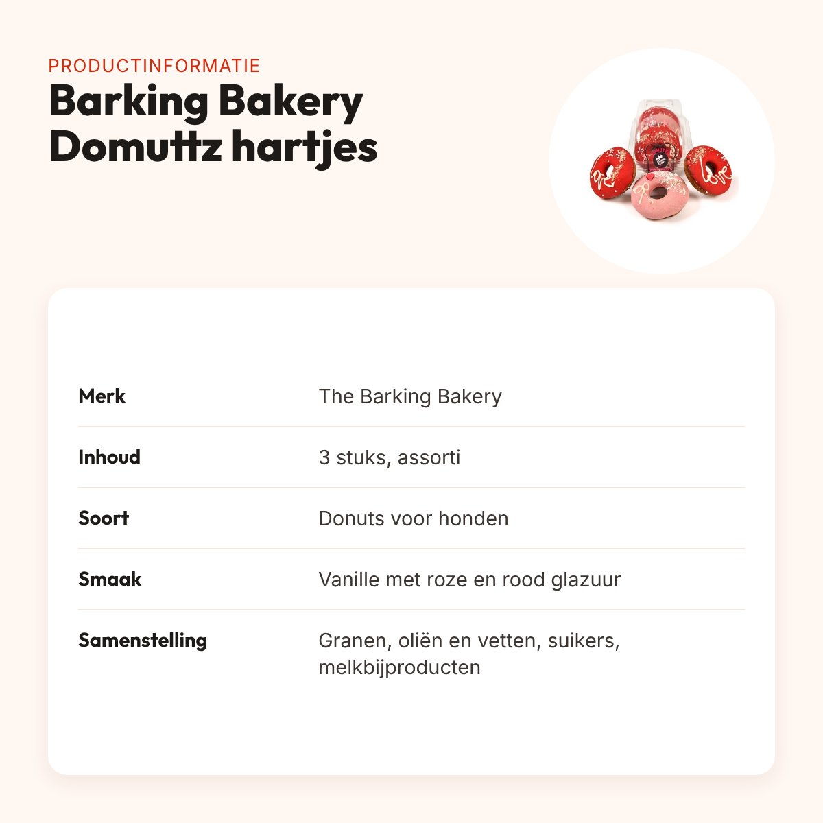 The Barking Bakery Domuttz hartjes donuts – trio, 3 stuks – productinformatie