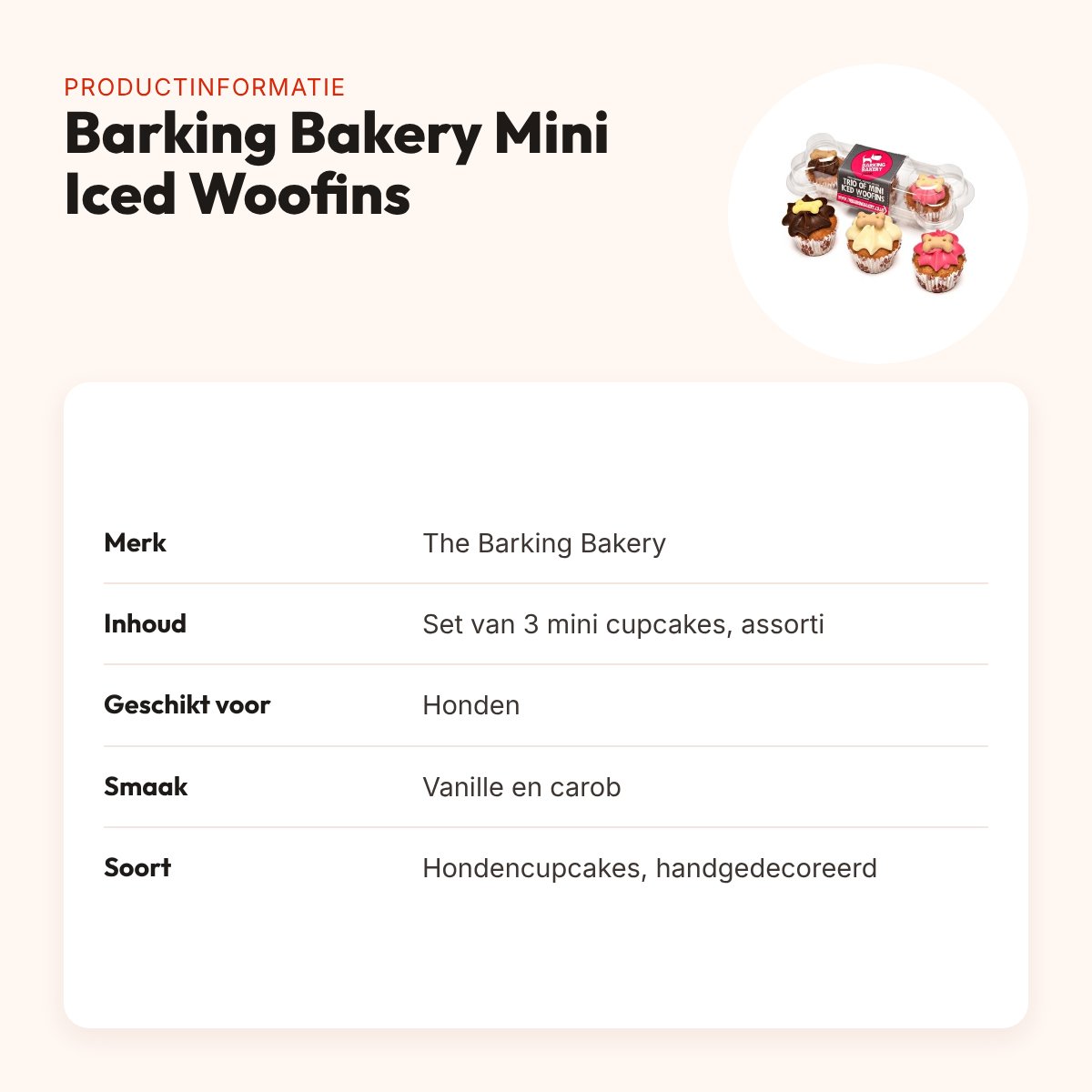 The Barking Bakery Mini Iced Woofins vanille en carob – trio hondencupcakes – productinformatie