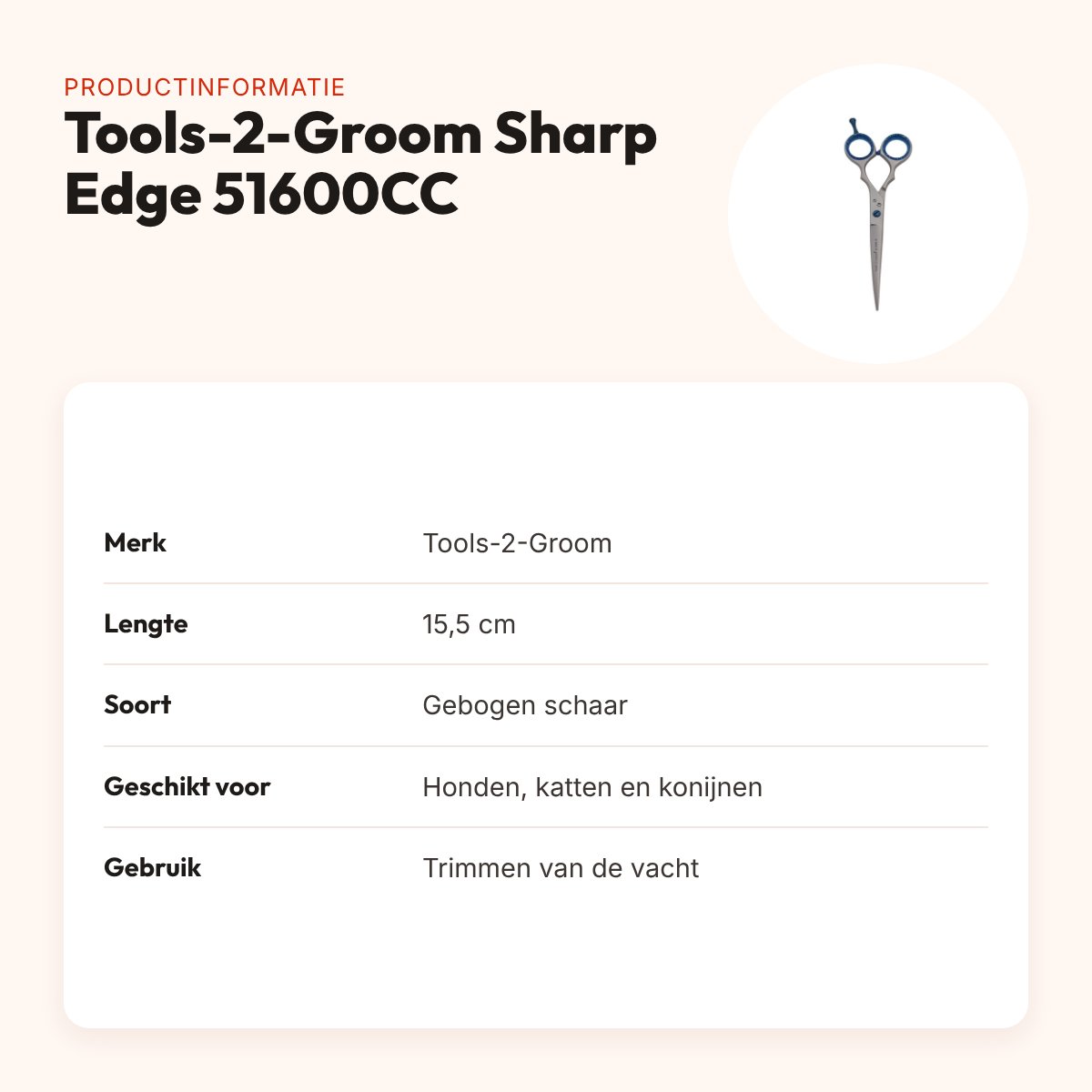 Tools-2-Groom Sharp Edge schaar gebogen 51600CC 15,5 cm – rubber handvaten – productinformatie