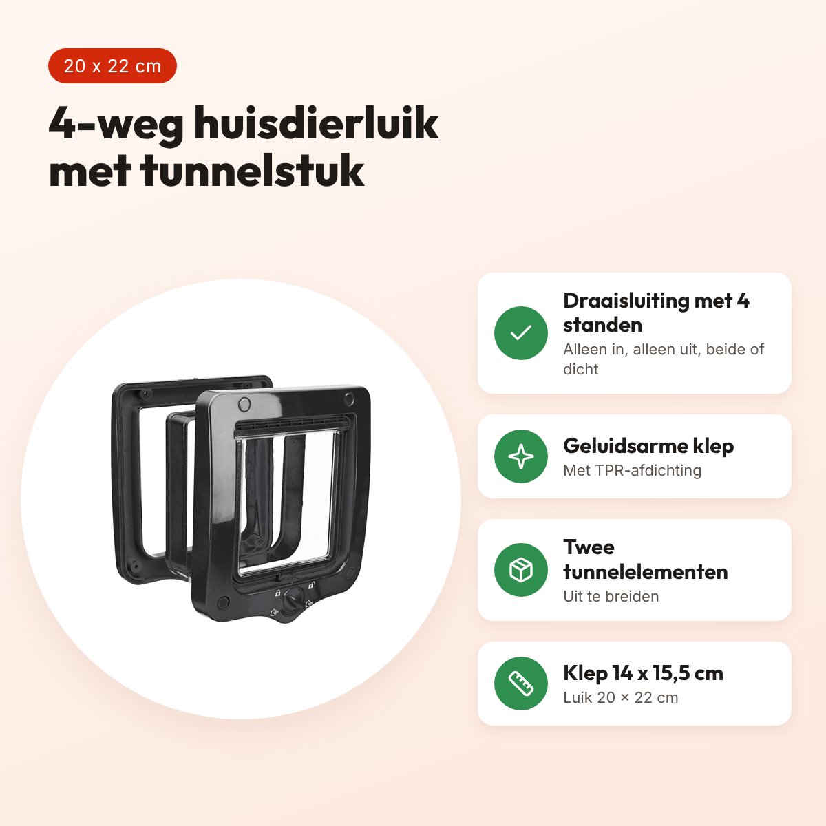 Trixie 4-weg huisdierluik zwart 20 x 22 cm – met tunnelstuk, voor katten – voordelen