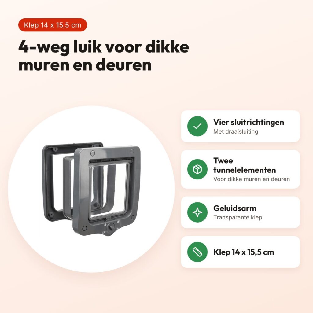 Trixie 4-weg kattenluik grijs 20 x 22 cm – met tunnelstuk, geluidsarm – voordelen