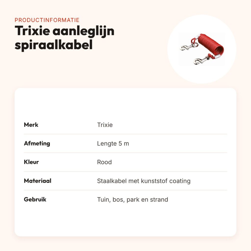 Trixie aanleglijn spiraalkabel rood 5 m – staalkabel met kunststof coating – productinformatie