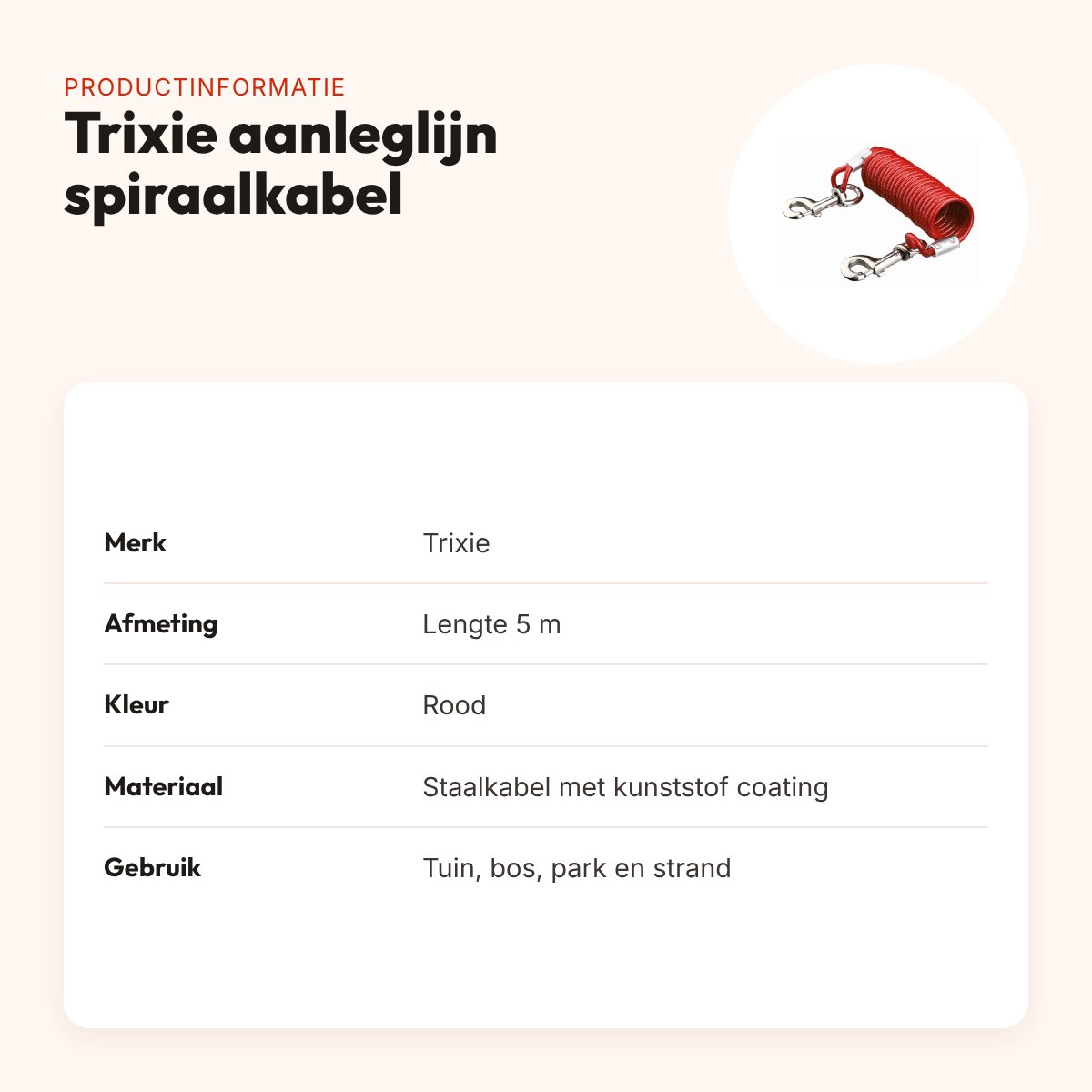 Trixie aanleglijn spiraalkabel rood 5 m – staalkabel met kunststof coating – productinformatie