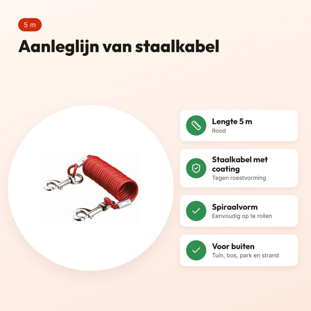 Trixie aanleglijn spiraalkabel rood 5 m – staalkabel met kunststof coating – voordelen
